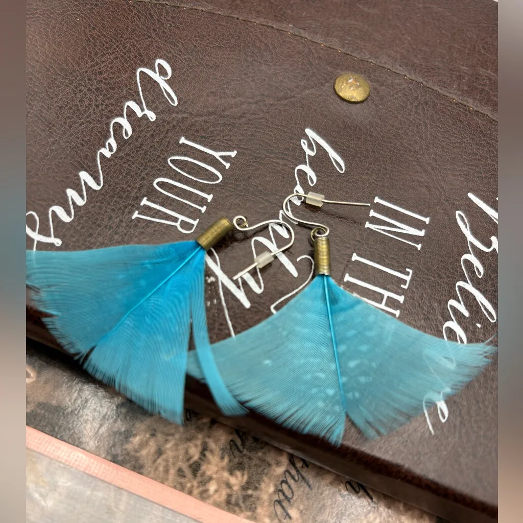 Handmade Boho Feather Earrings Turquoise Blue & Spotted Guinea Feathers - Image 3