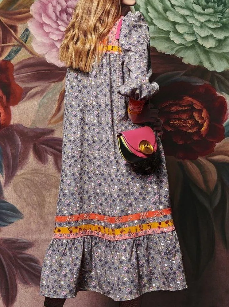 Celiab Blue Corduroy Floral Papyrus Peasant Midi Dress Size XS Boho - Image 2