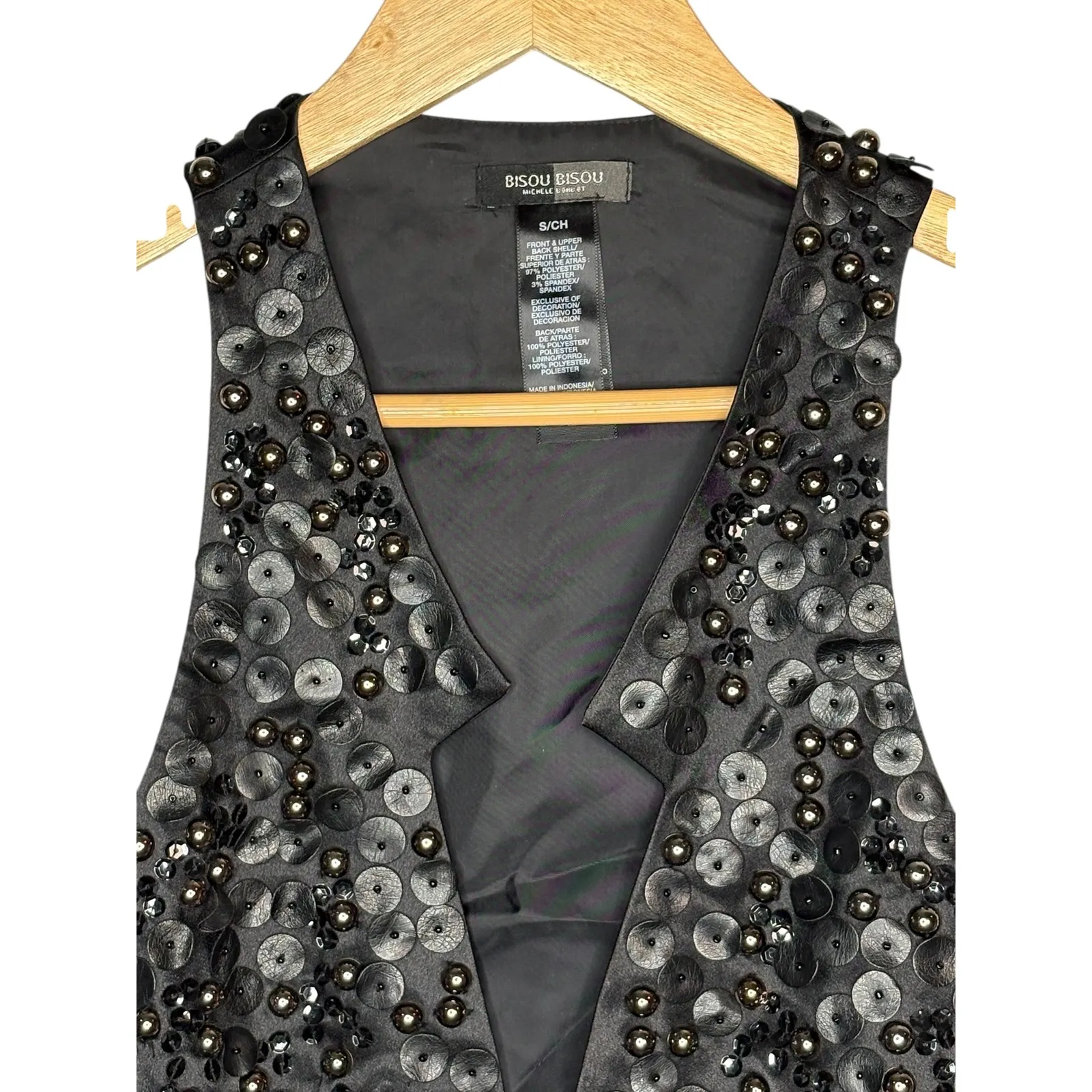 Bisou Bisou Black Sequin Embellished Beaded Vest Tie Back Y2K Goth Size Small - Image 3