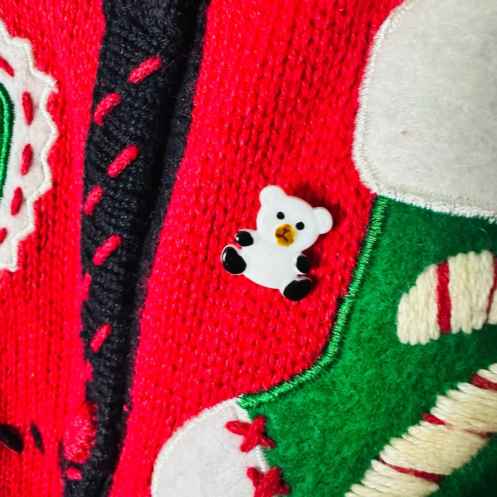 Vintage 80s Segue Christmas Cardigan Sweater Large Holiday Appliqué Knit Cottage Red - Image 10