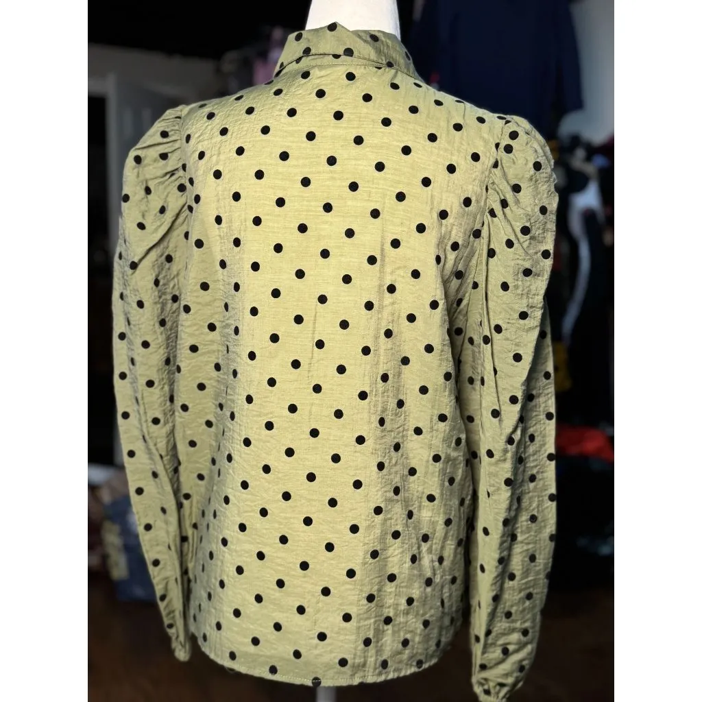 Stradivarius Womens L Green Black Polka Dot Long Puff Sleeve Blouse Button Down - Image 6