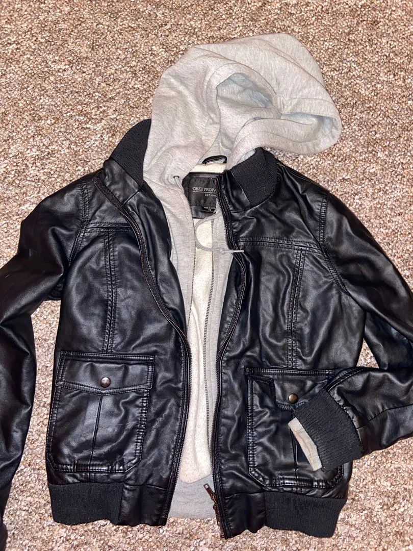 Obey Black Leather Jacket With Grey Hoodie - Image 2