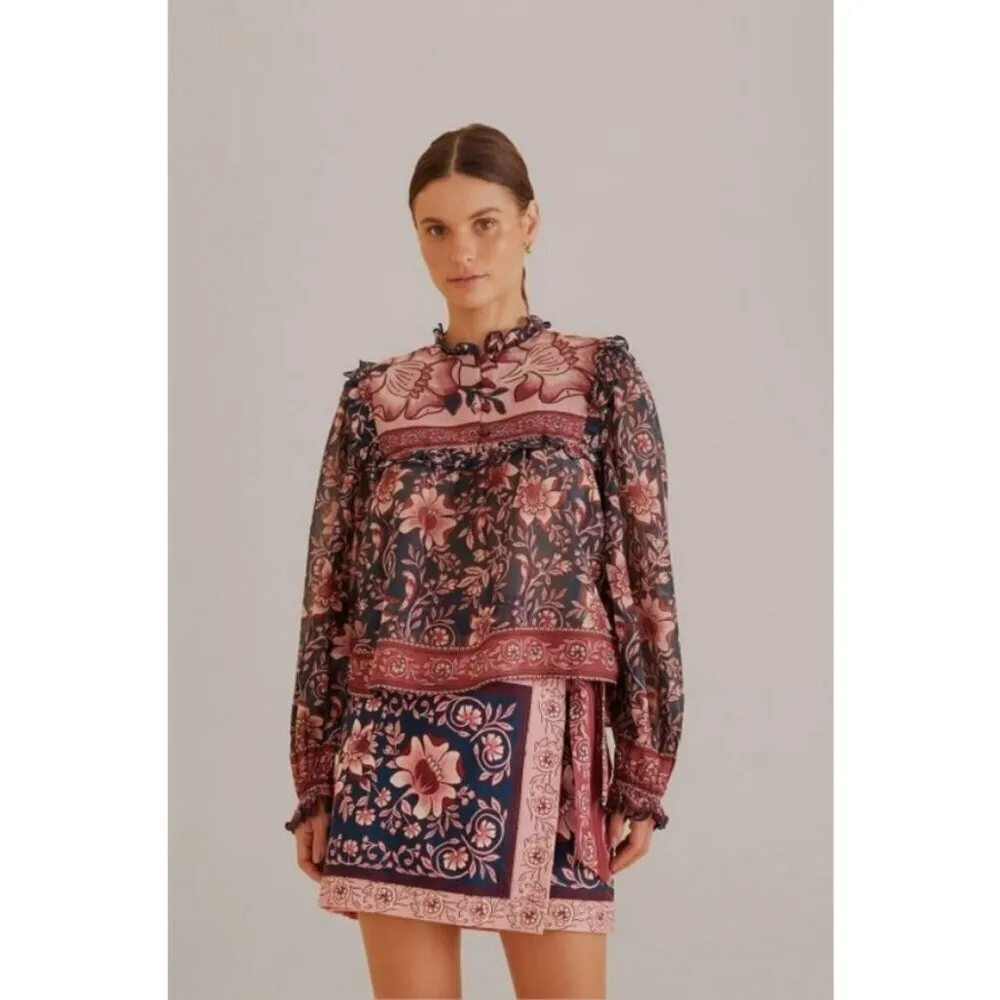 💕FARM RIO💕 Teal Ainika Charm Long Sleeve Blouse Tropical Floral Print XXS NWT - Image 9