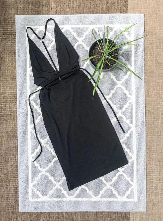 Black Slinky Strappy Plunge Midi Dress - Image 2