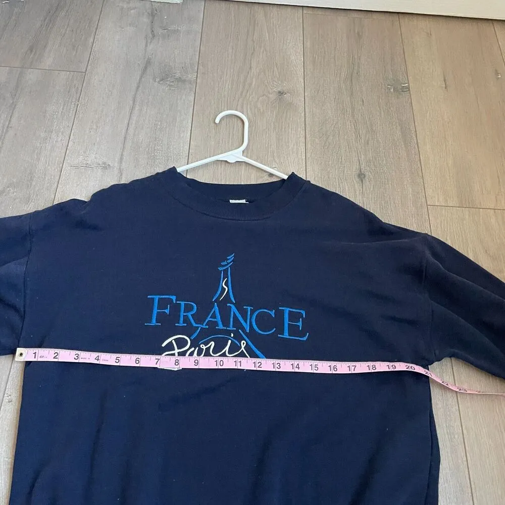 Vintage Paris France Embroidered Navy Blue Sweatshirt Eiffel Tower size S/M - Image 3