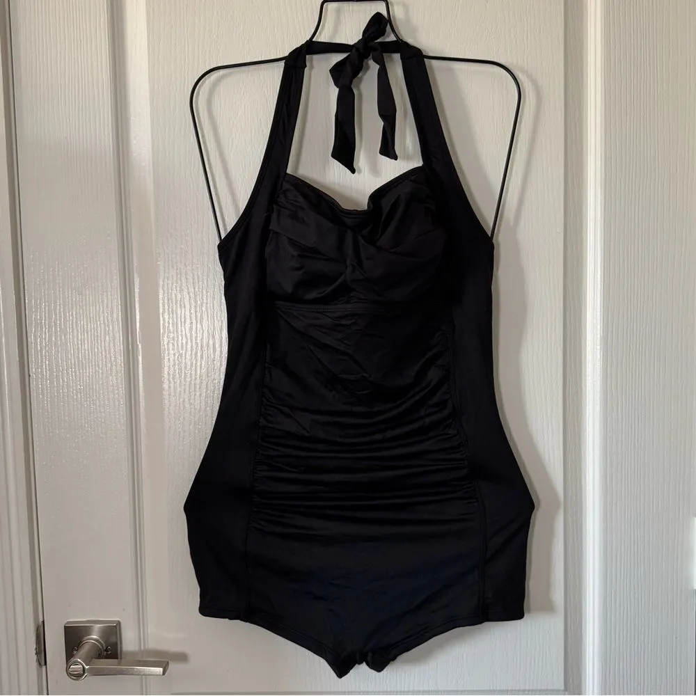 Sovoyontee Women's One Piece Tummy Control Boyleg Ruched Swimsuit Black M Size M - Image 2