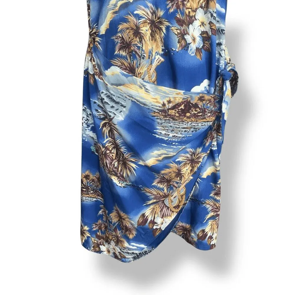 Vintage Hilo Hattie Blue White Sleeveless Hawaiian Wrap Dress Made In Hawaii Size M - Image 5