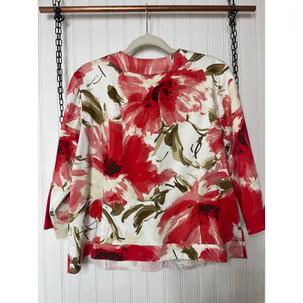 Joanna White & Red Floral Blazer 3/4 Sleeve Stretch Cotton Blend Size L Size L - Image 2
