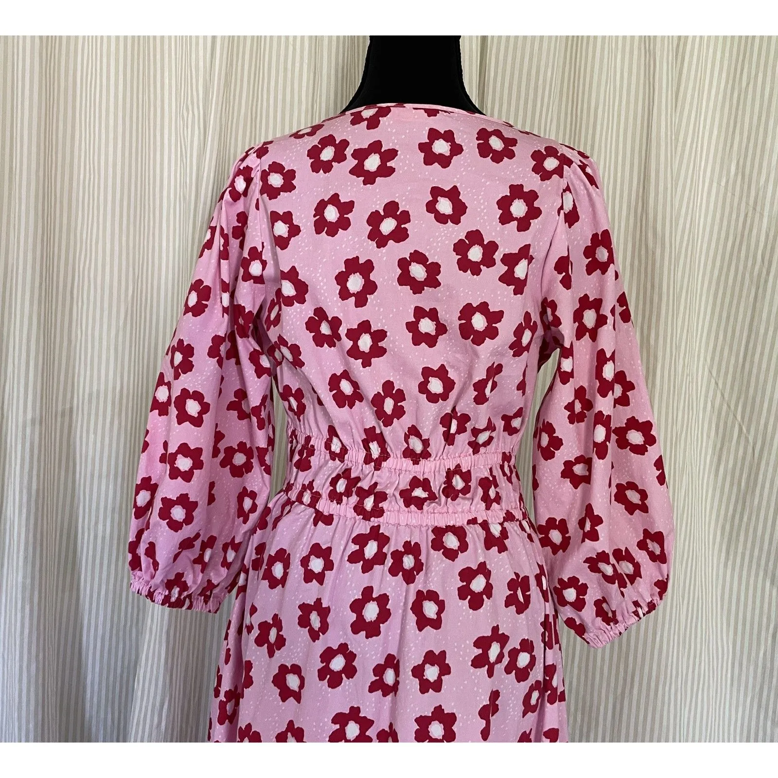 Kitri Womens Dress Size 4 Pink Red Floral Print Cotton Puff Sleeve Smocked Waist - Image 5