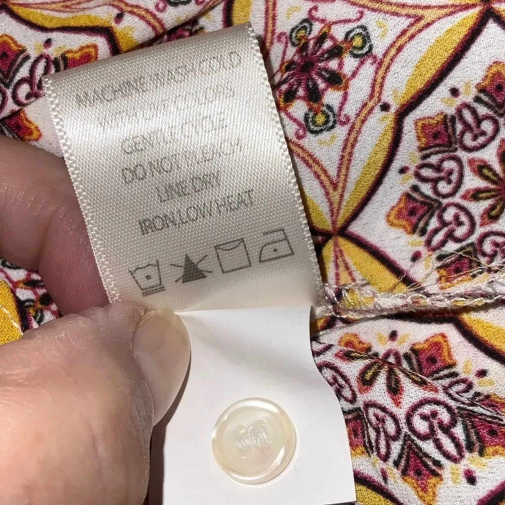 Max Studio Mustard & Purple Mediterranean Print Short Sleeve Tie Waist Top XL - Image 12