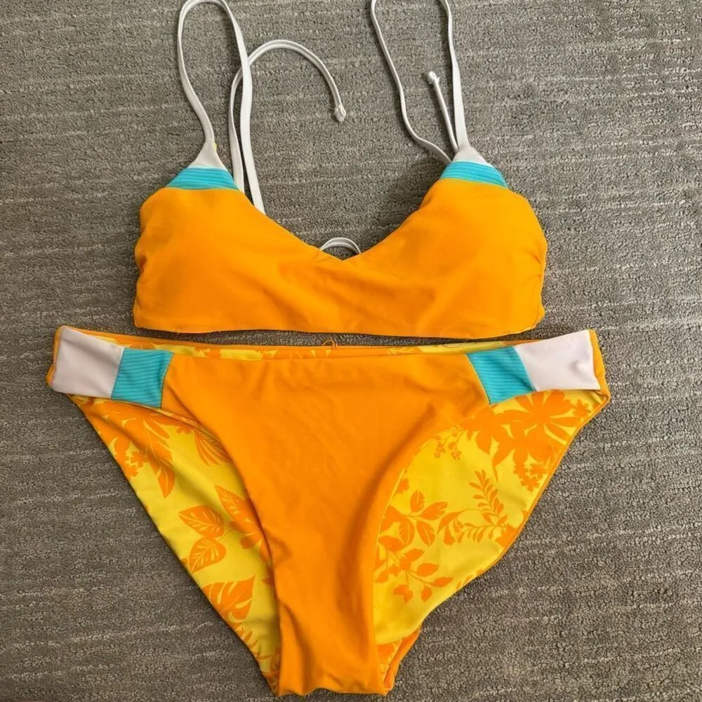Endless Waves Yellow Orange Floral Scoop Reversible Bikini Set Large 11 - Image 3