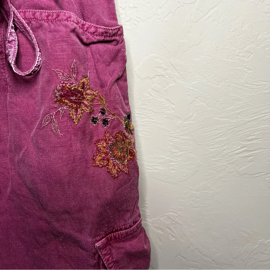 Sundance Plum Floral Embroidered Linen Cotton Belted Boho Jogger Pants - Image 4