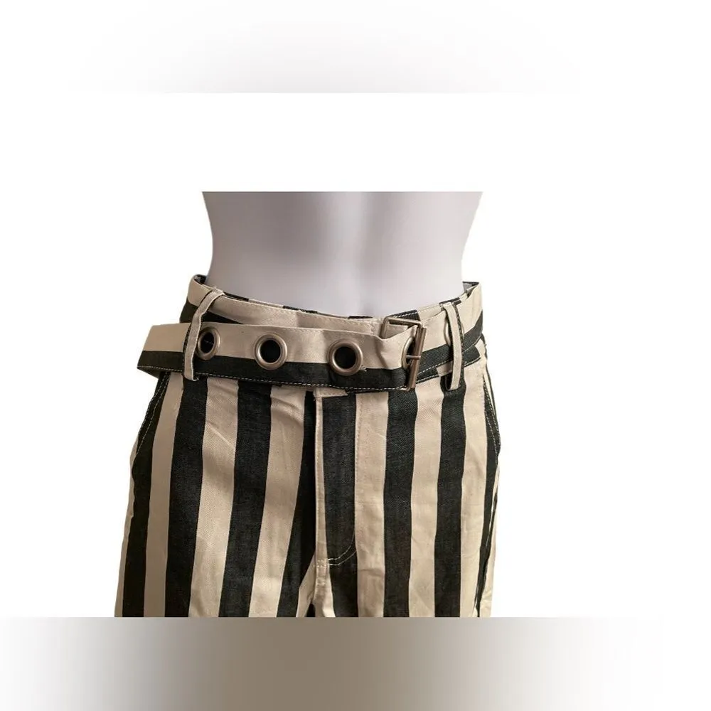 Uniq Striped Tapered Straight Leg Highwaist Belted Pants Small NWT Gray - Image 3