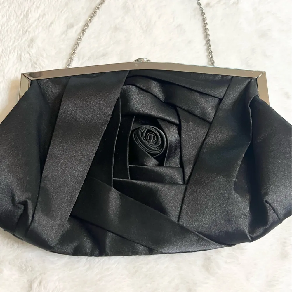 Kate Landry Black Satin Rosette Evening Bag Clutch with Chain Strap & Rhinestone - Image 2