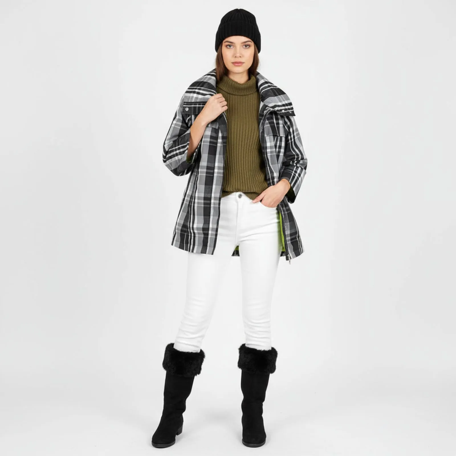 Luii Black White Plaid Gingham Checker Print Zip Front Water Resistant Jacket S - Image 7