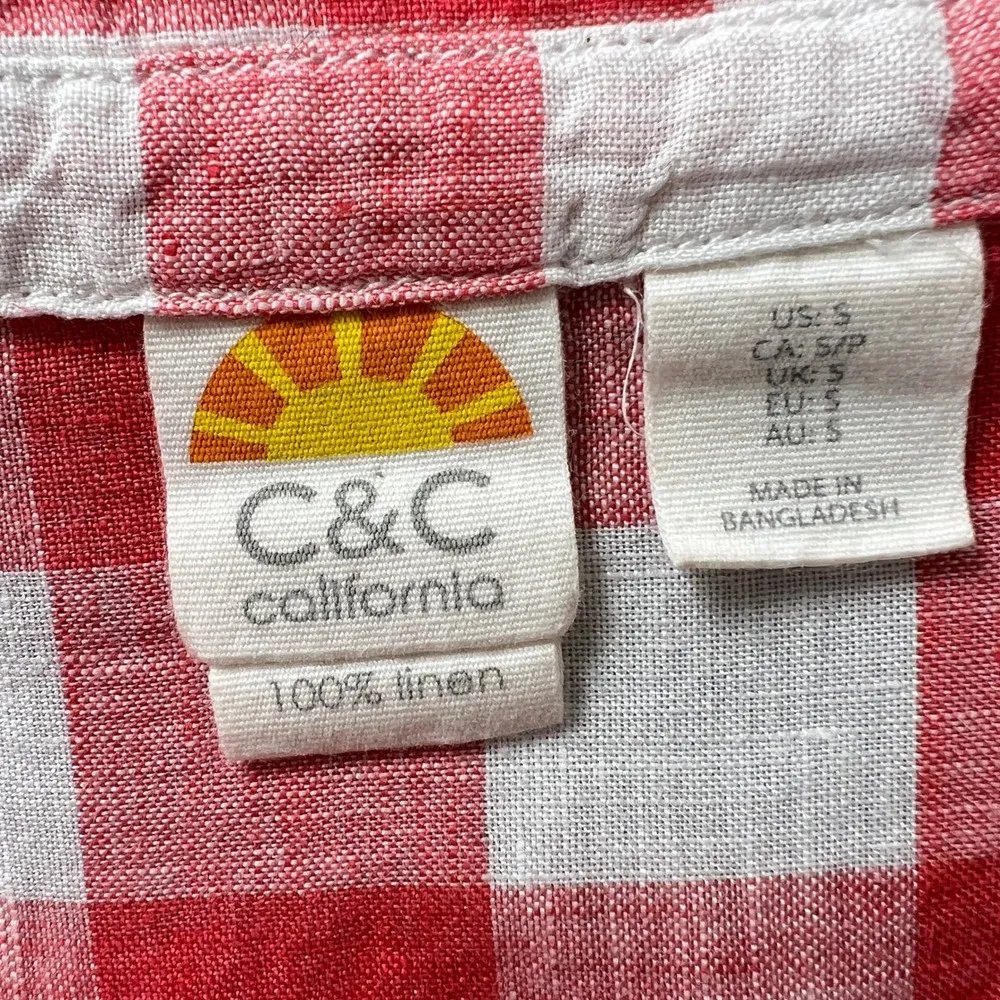 C&C California Linen Top Red & White Gingham Plaid Short Sleeve Shirt Small Boxy - Image 4
