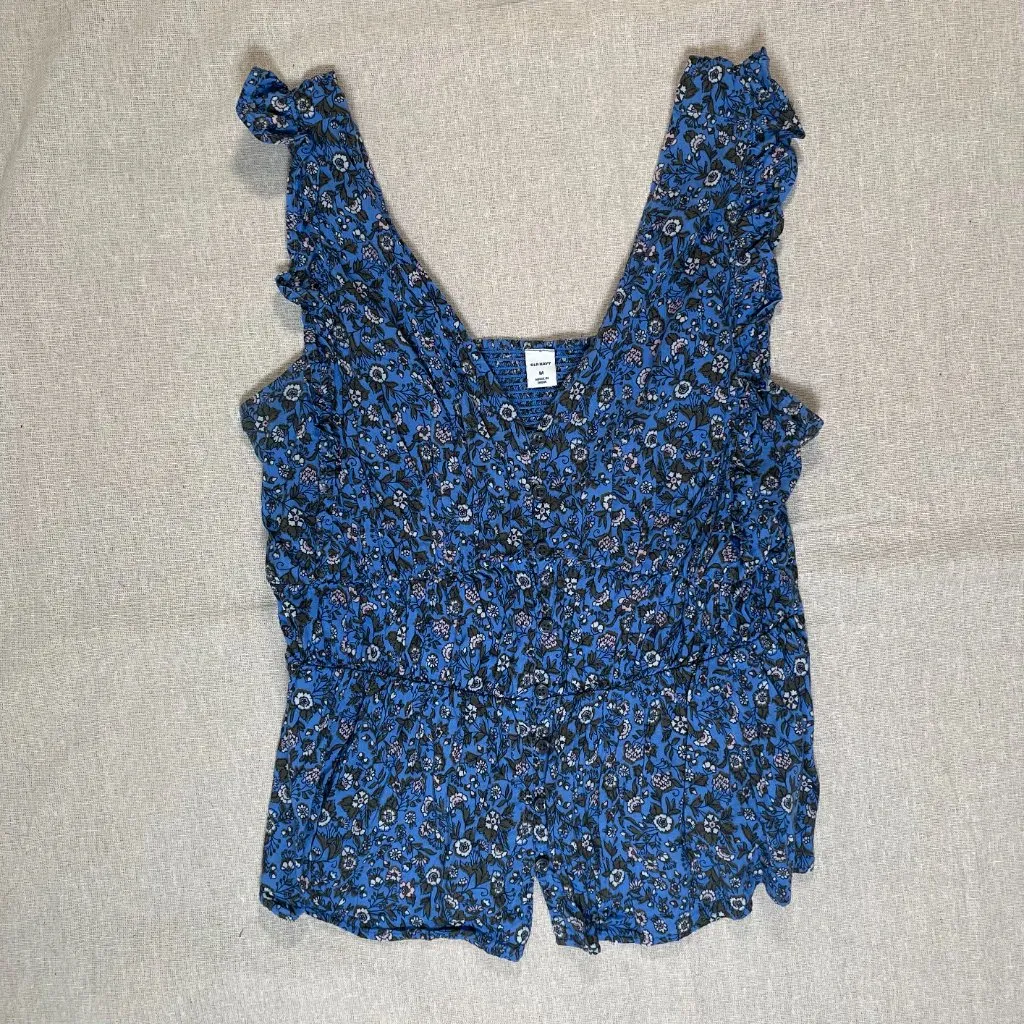 Old Navy | Blue Floral Waist-Defined V-Neck Button Front Blouse | Medium - Image 2