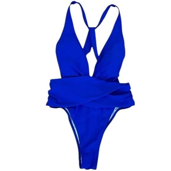 NEW Cupshe Vibrant Blue Plunge High Leg Swimsuit Beach Tropical Resort Size S - Image 3