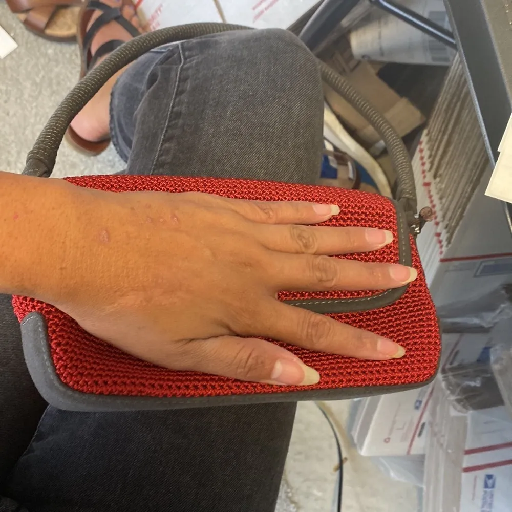 the SAK crochet basket weave red grey faux suede trim mini shoulder bag - Image 9