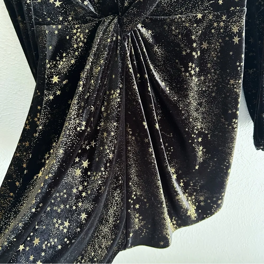 AllSaints Jemima Star Printed Velvet Knot Mini Dress Sz 2 Black Gold celestial - Image 4