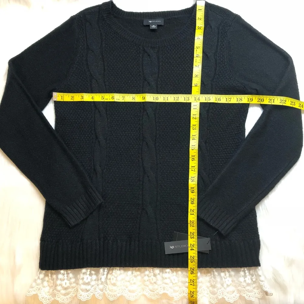 AB Studio Cable Knit Sweater Size Medium Black Metallic Shimmer & Lace Hem NEW - Image 6