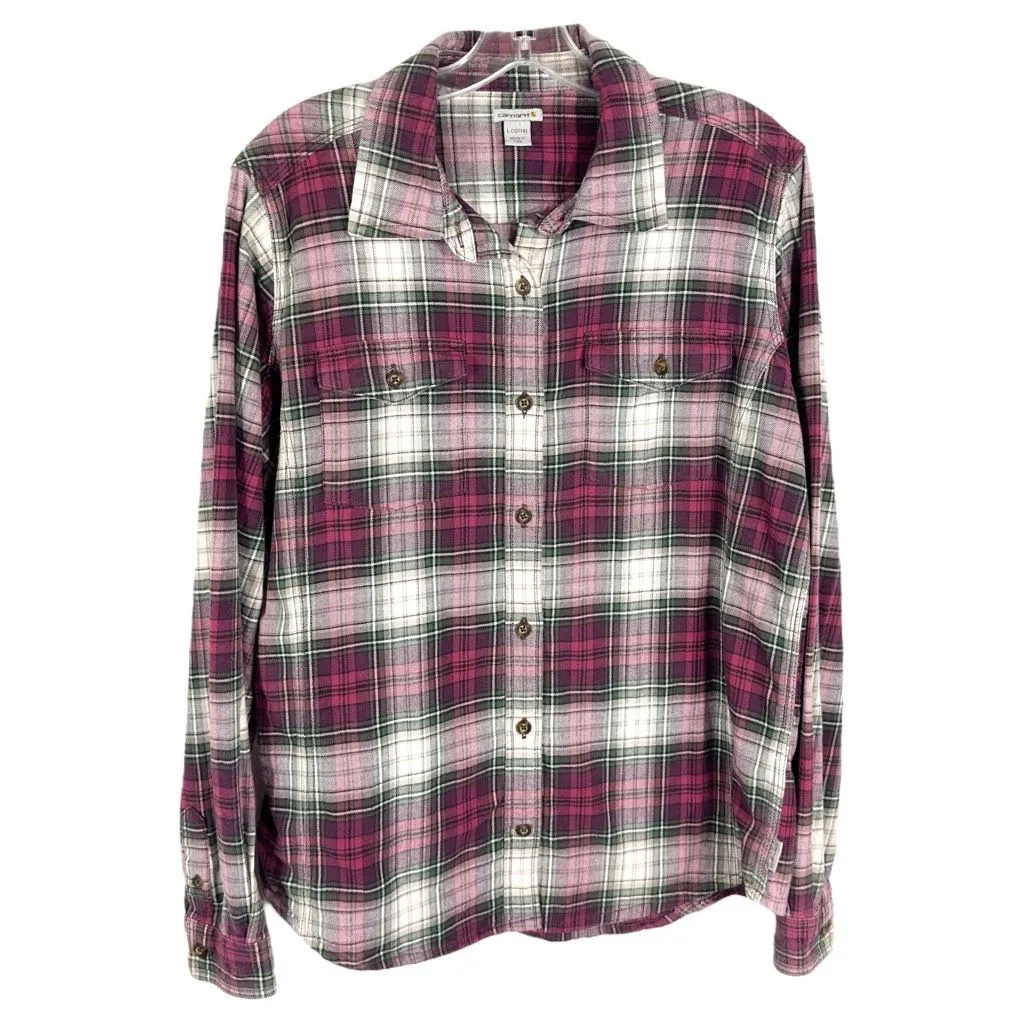 Carhartt‎ Large 12 14 Top Flannel Button Down Shirt Red Green White Cotton 1347 - Image 10
