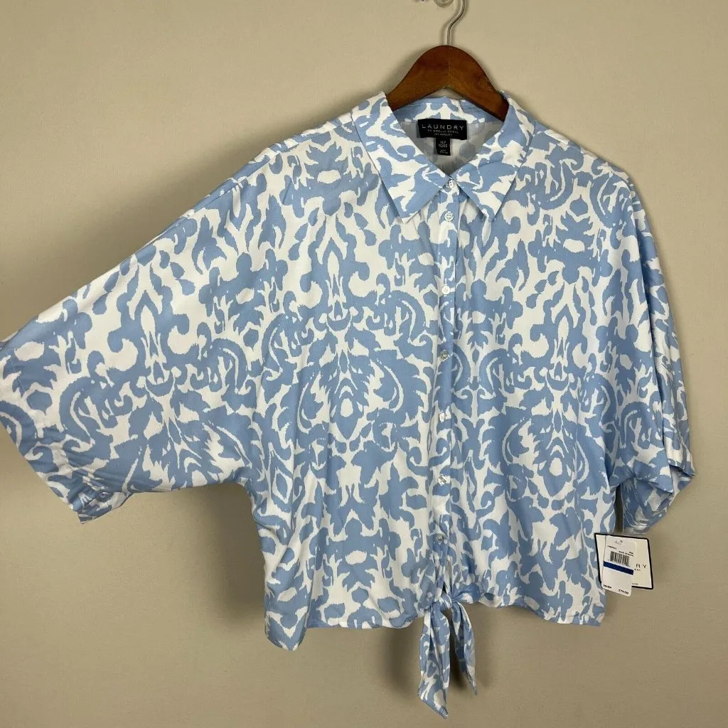 Laundry by Shelli Segal Top XL Blue Damask Crop Button Up Tie Hem‎ 3/4 Dolman Sl - Image 3