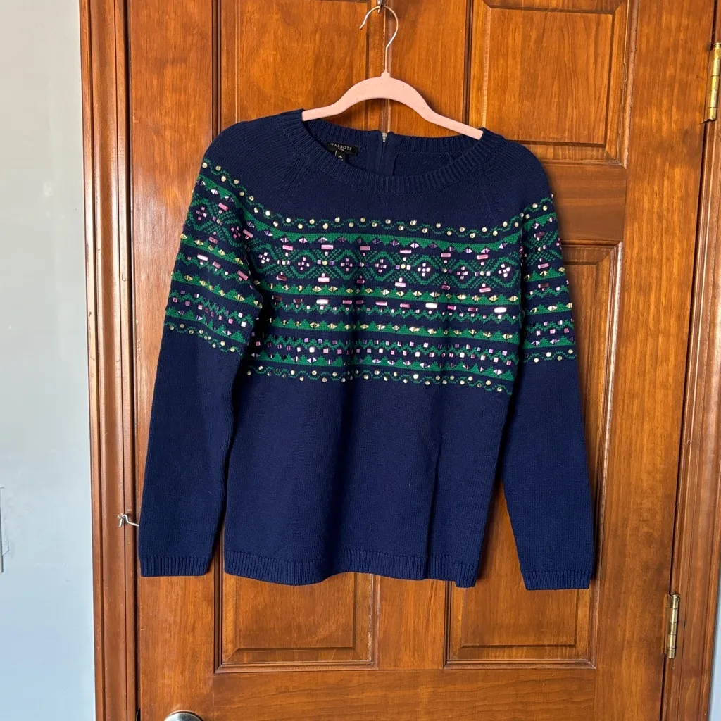 Talbots Navy and Green Patterned Sweater Size MP - Image 2
