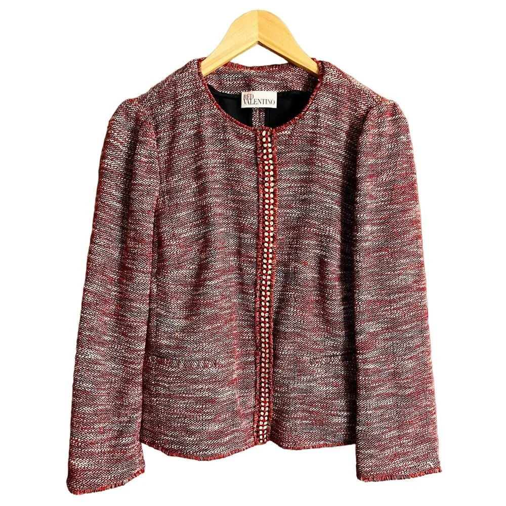 RED VALENTINO Red Tweed Blazer Jacket Snap Front Metallic Giacca ITALY 46 8 EUC - Image 9