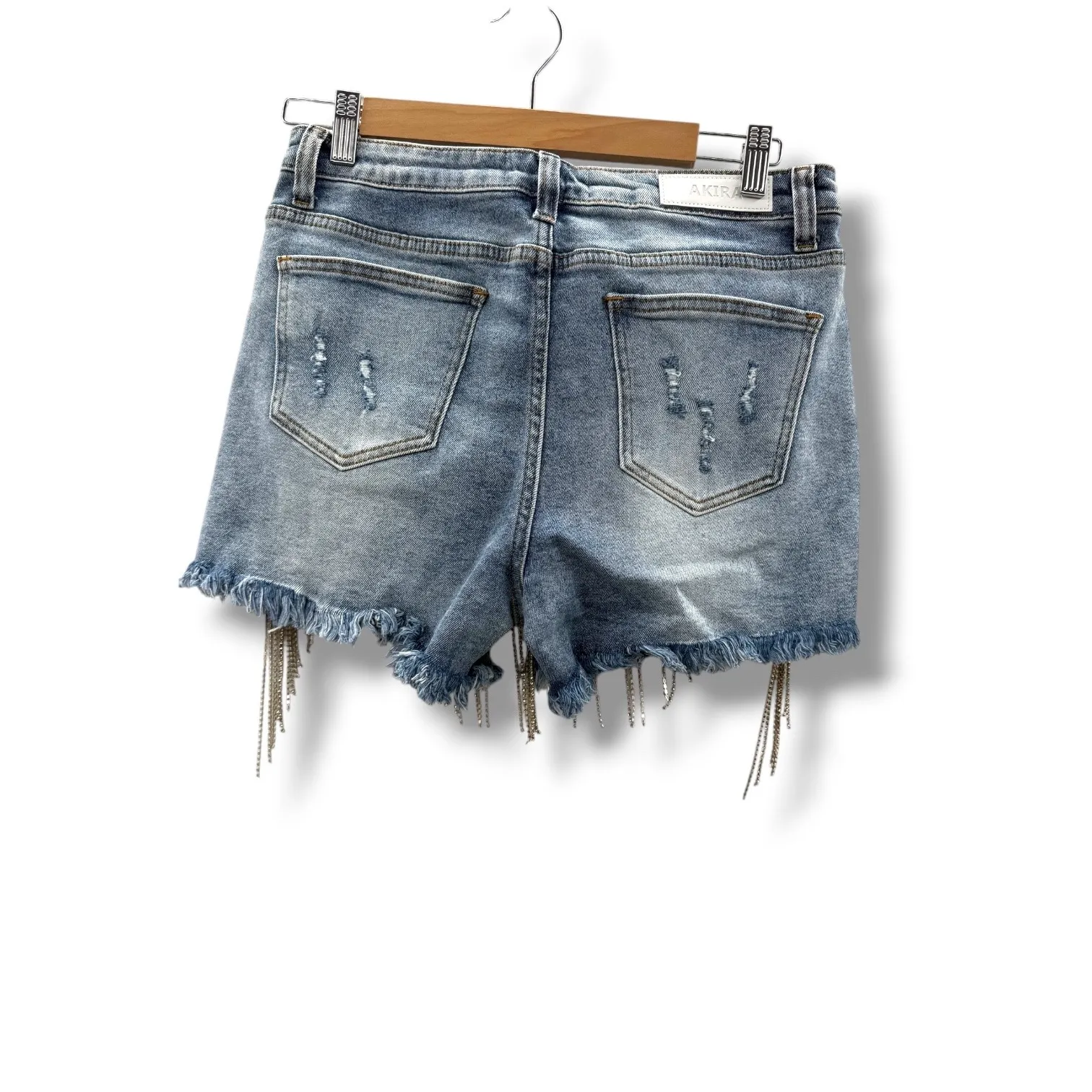 Akira NWT Denim Fringe Shorts Size XL Distressed Rhinestone High Rise Festival - Image 2