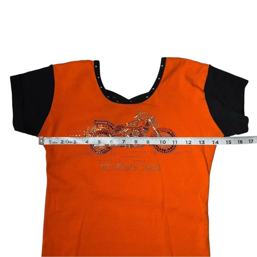 Vintage Y2K Orange Black Biker Sturgis Baby Tee Studded Bedazzled size Small - Image 4