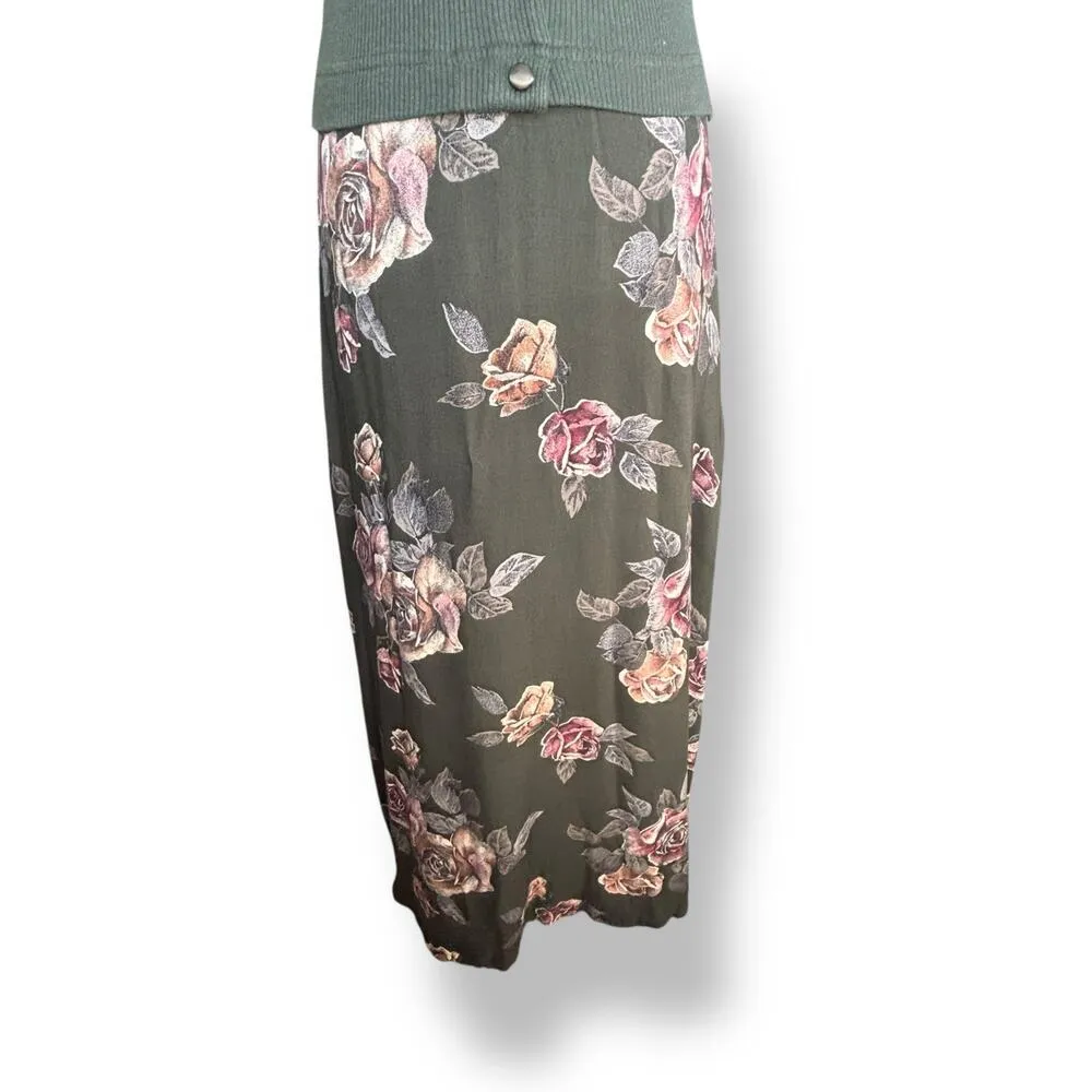 90s Faux Two Piece Olive Green Knit Top Floral Midi Dress Romantic Cottagecore - Image 6