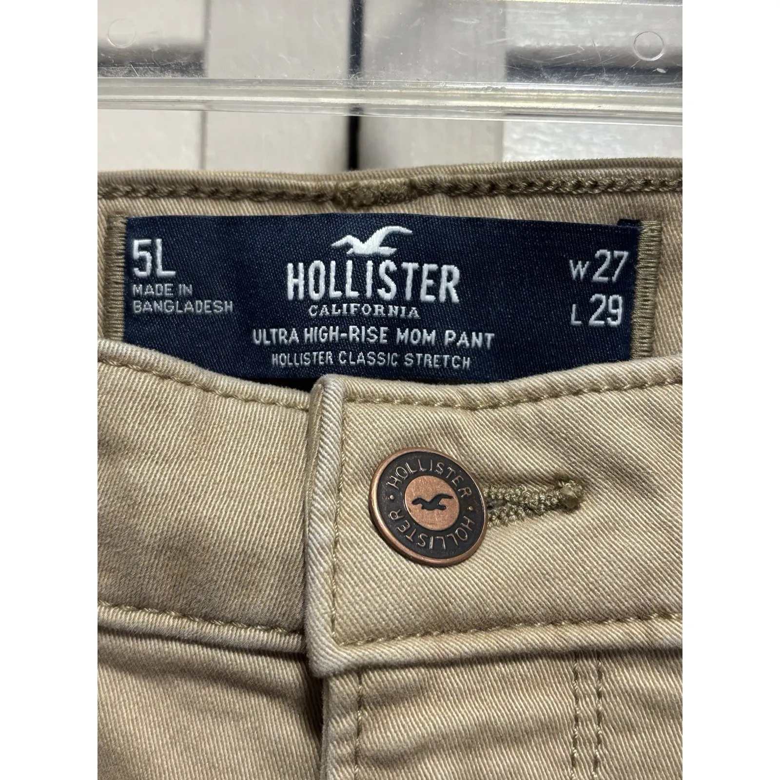 Hollister Khaki Mom Jeans Straight High Rise Size 27/29 Zip/Button Pockets Tan - Image 3