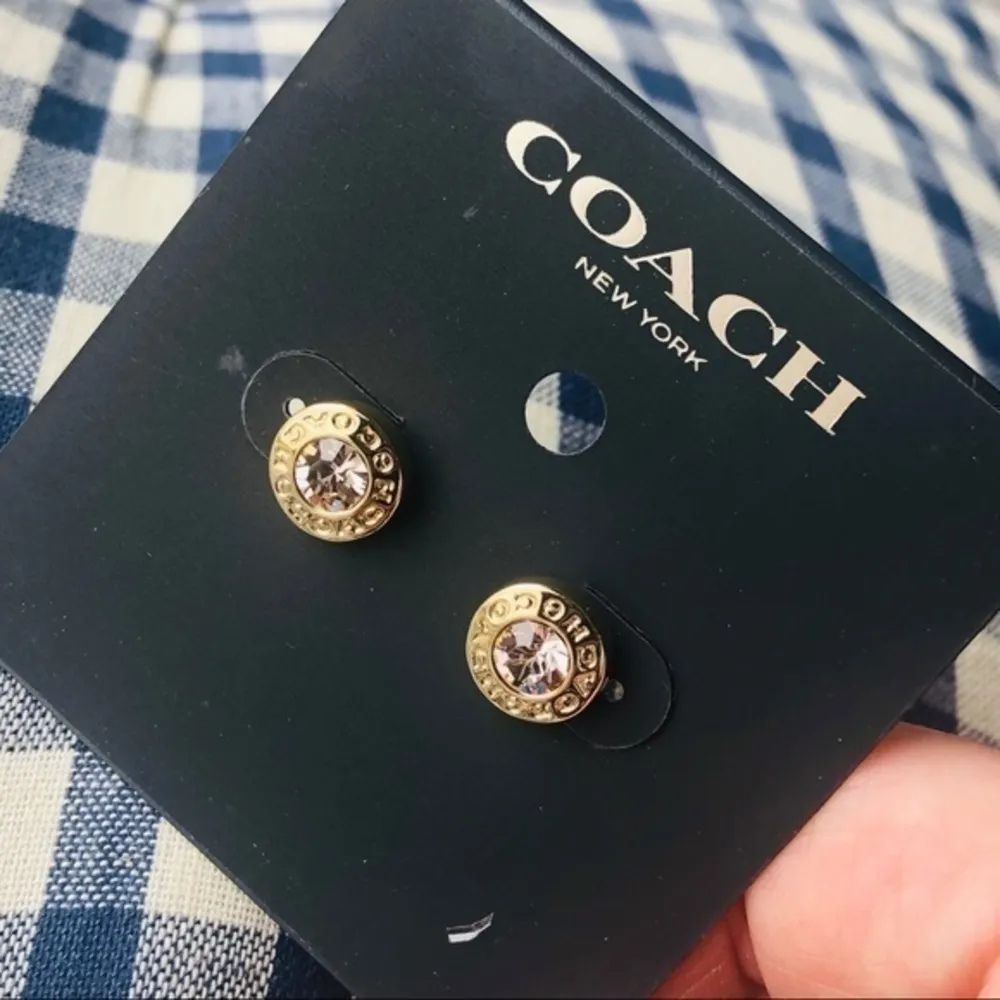 Coach Gold Crystal Stud Earrings NWT • Logo Rim Sparkle Studs - Image 2