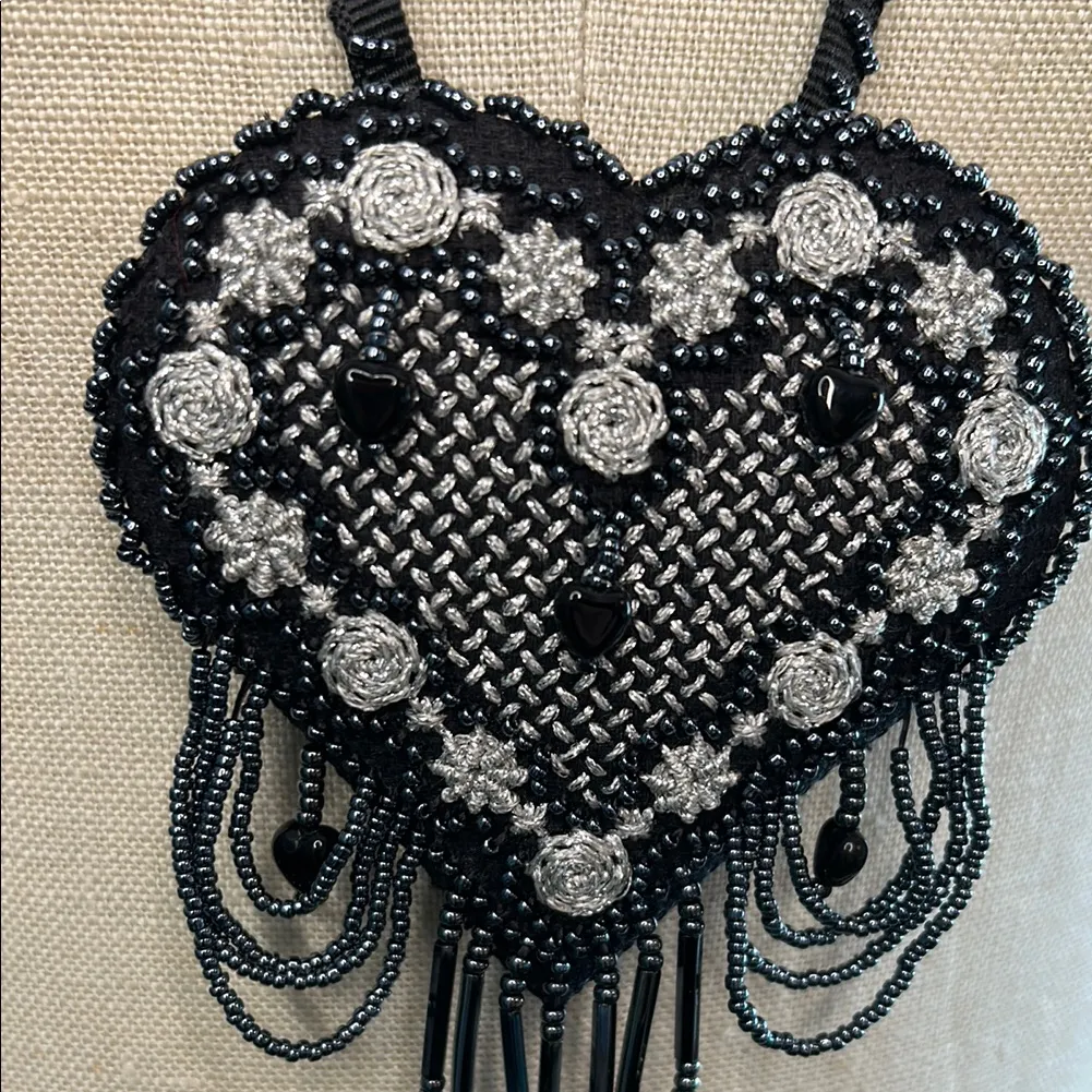 Vintage Handmade Black Heart Necklace silver embroidery and heart beads - Image 4