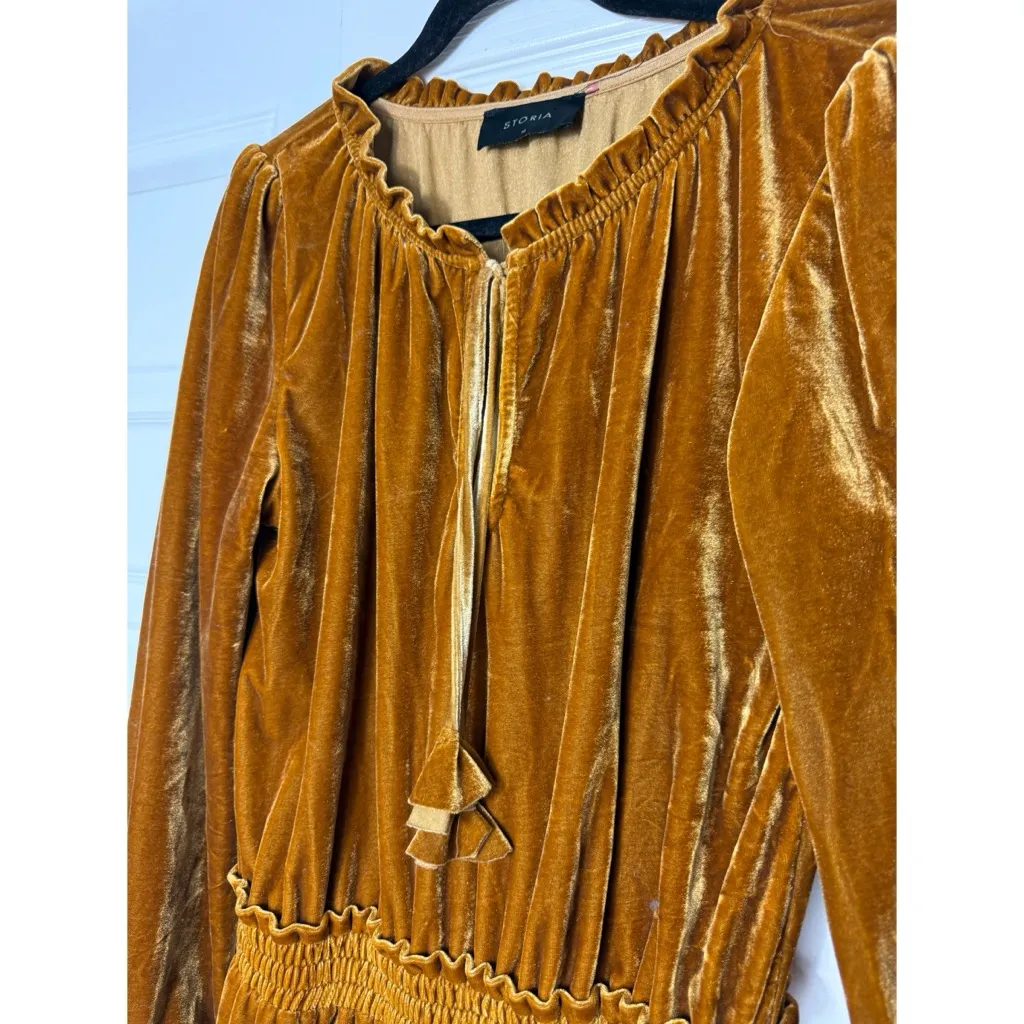 Storia Golden Yellow Velvet Ruffle Boho Tassel Long Sleeve Mini Dress M - Image 5