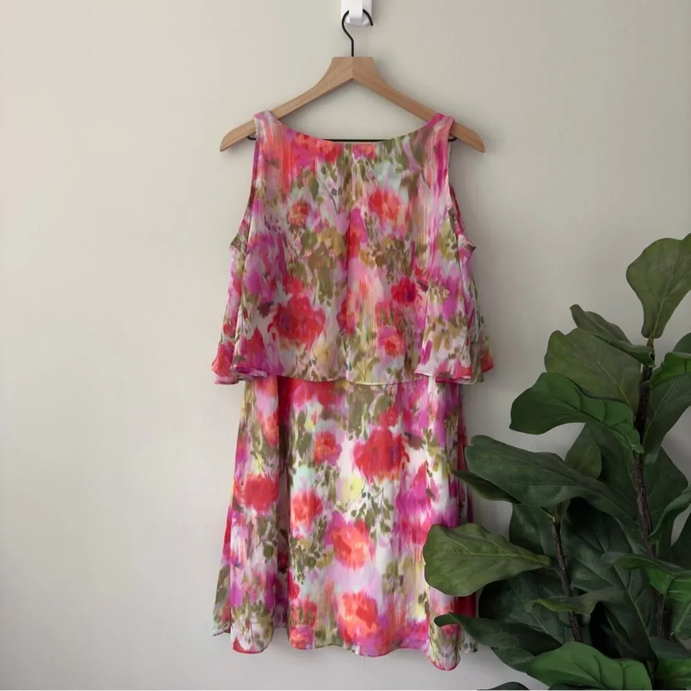 Maggy London Brushed Flower Printed Chiffon with Cold Shoulder Short Sleeve EUC - Image 4