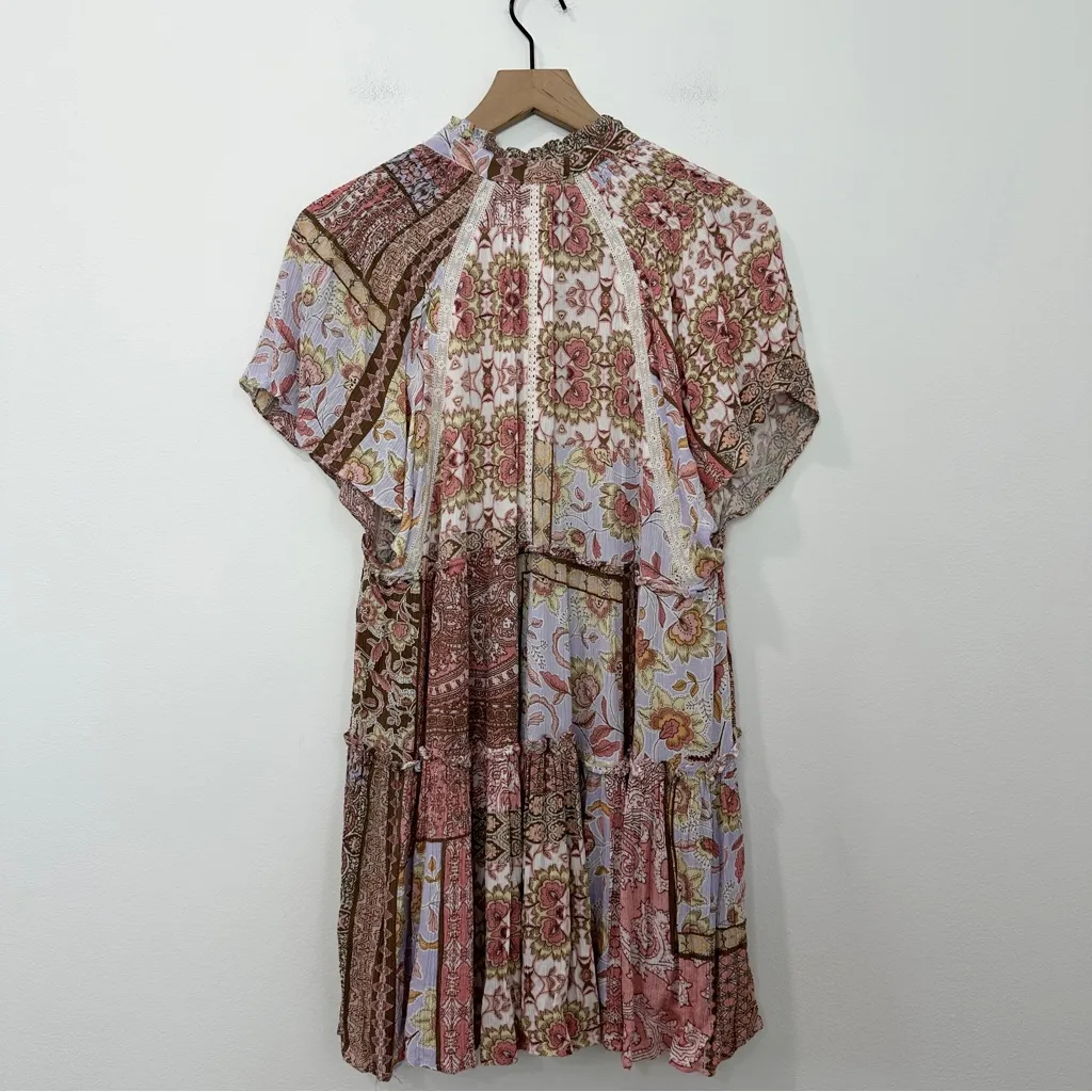 Karlie Boho Patchwork Mini Dress Pink Brown Floral Tiered Babydoll Size Small - Image 2