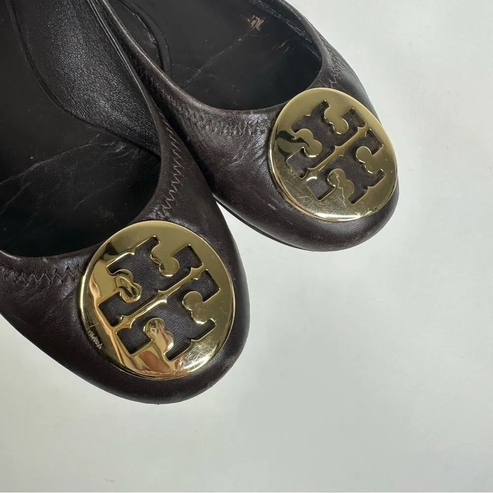 Tory Burch Size 7 M Brown Gold Logo Leather Ballet Flats - Image 5