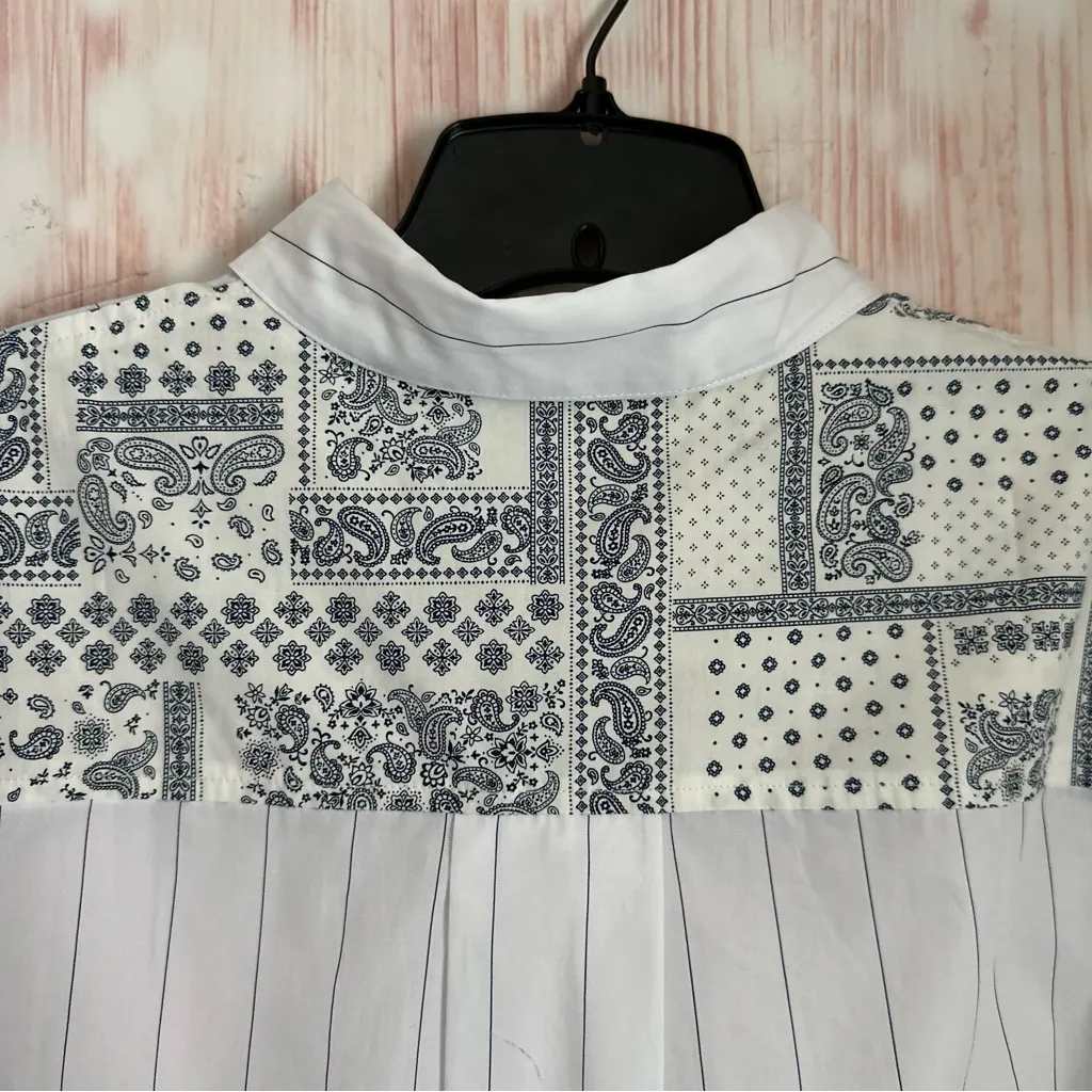 Clu Too White Striped Blue Bandana Paisley Mixed Media Printed Button Up Shirt Size M - Image 8