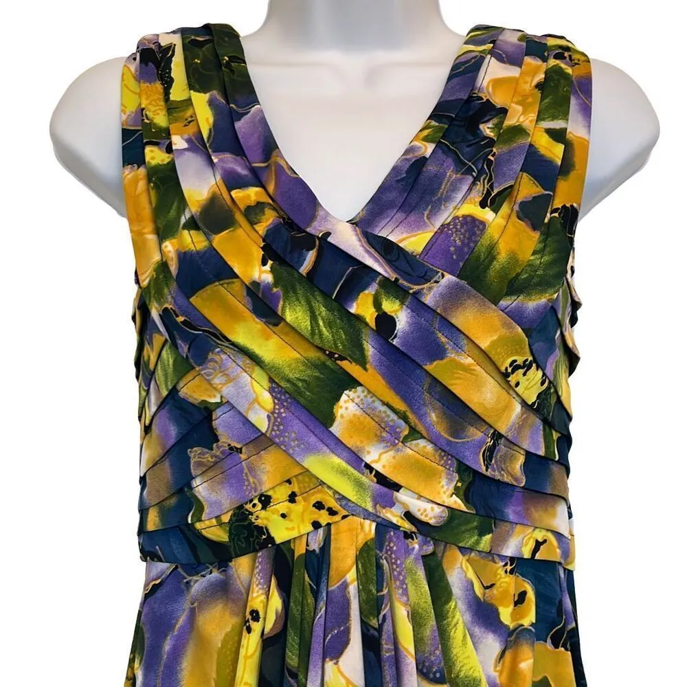 Adrianna Papell 4 Yellow Purple Floral Print Pleated Cocktail Dress Wedding - Image 2