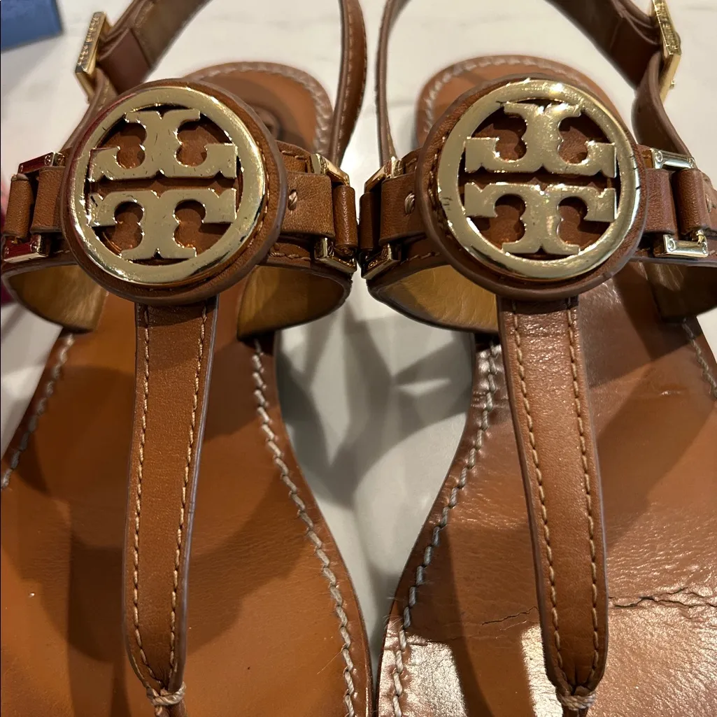 Tory Burch Cassia Flat Thong Sandal French Calf Leather Size 9 in Royal Tan - Image 6