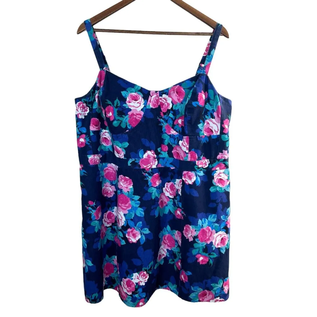 Jessica Simpson Mini Dress 2X Blue Pink Rose Floral‎ Corset Smocked Micro Ribbed - Image 2