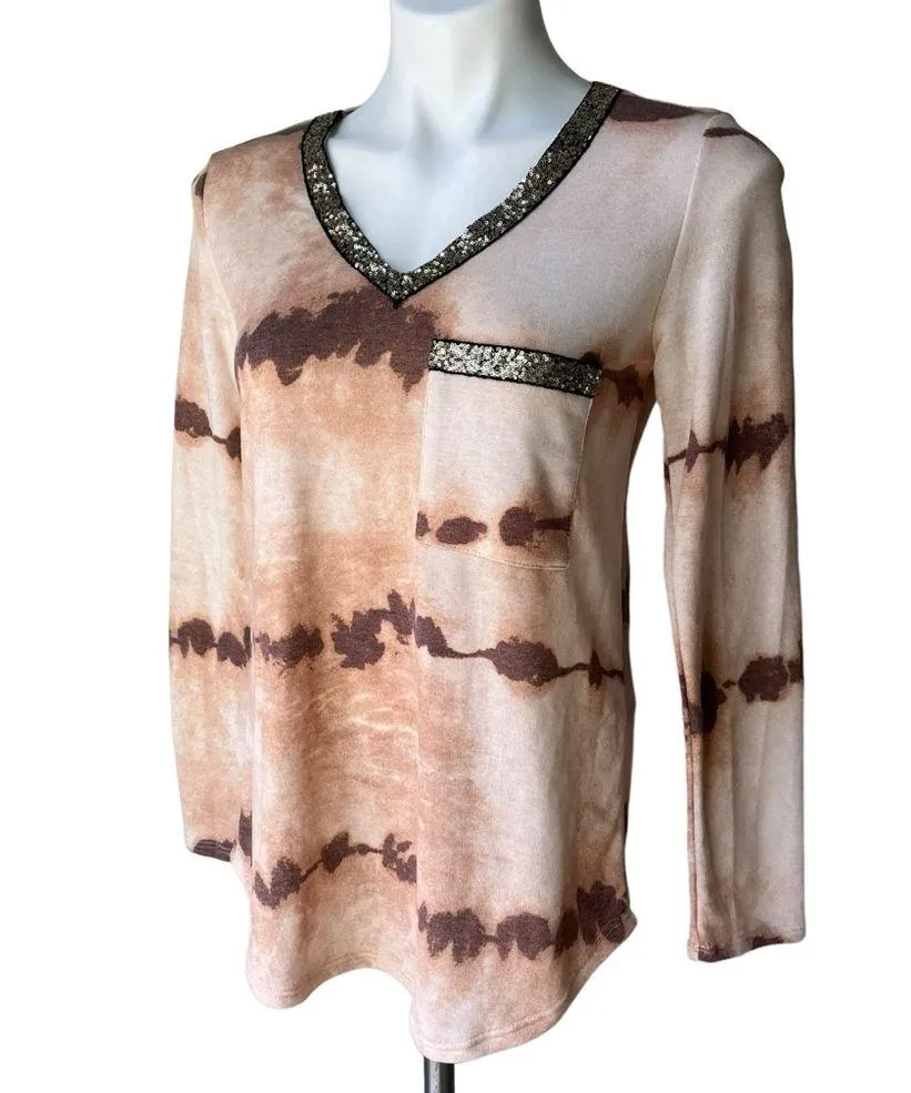 NWT, 7th Ray V-Neck Long Sleeve Sweater, Mocha Tie Dye, Sz S - Image 3