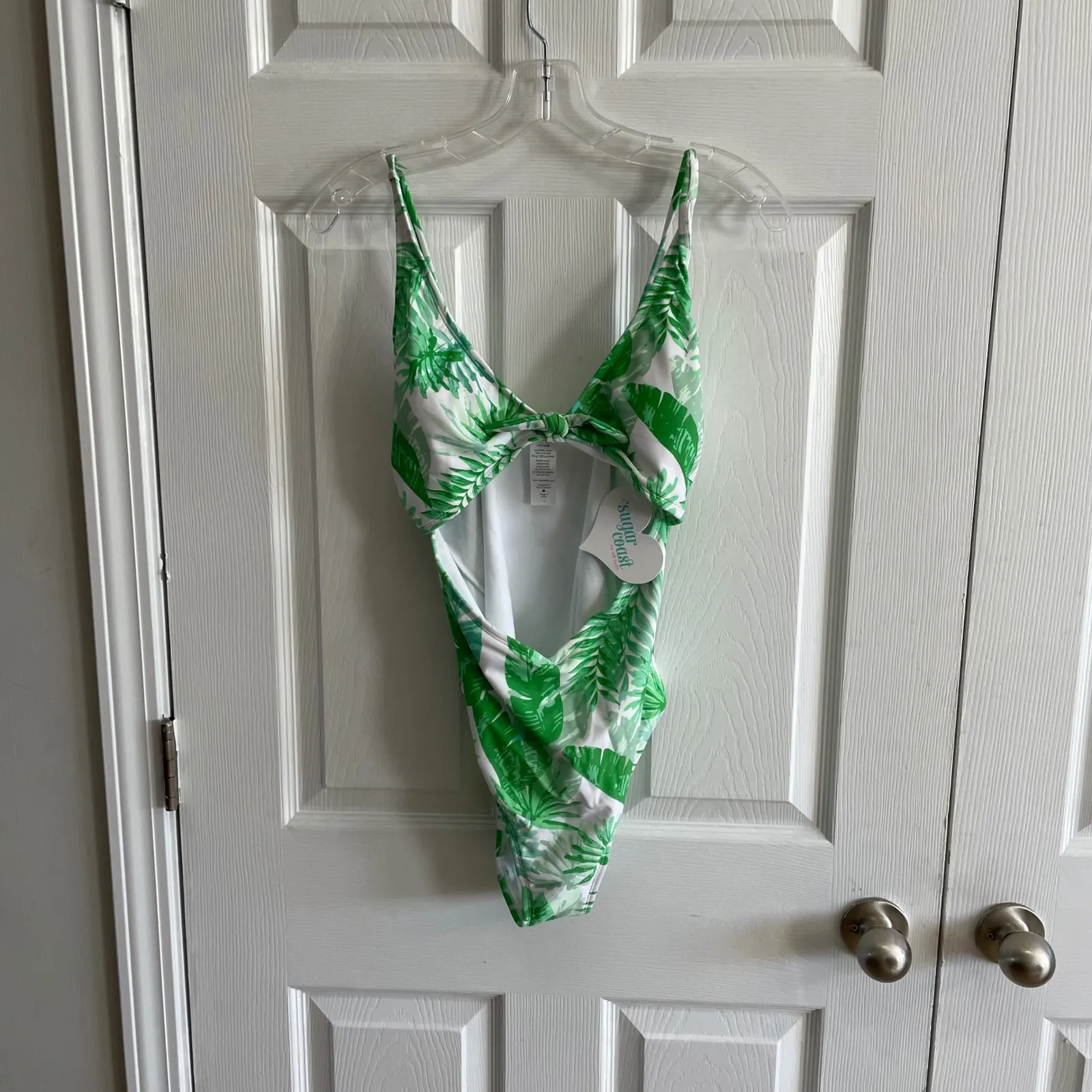 Sugar Coast One‎ Piece Swimsuit Cut Out Tropical Palm Print Green White Sz L NWT Size L - Image 2