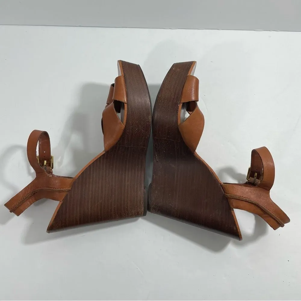 Lauren Ralph Lauren Deidre Brown Leather Platform Wedge Heel Sandals 10B‎ Shoes - Image 6