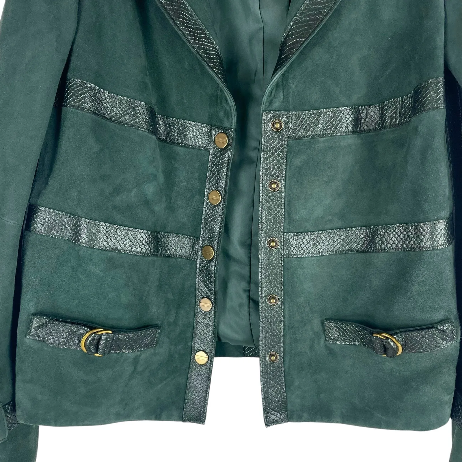 Worth NY Snake Leather Trim Suede Jacket Snap Button Dark Green Size 4 - Image 8
