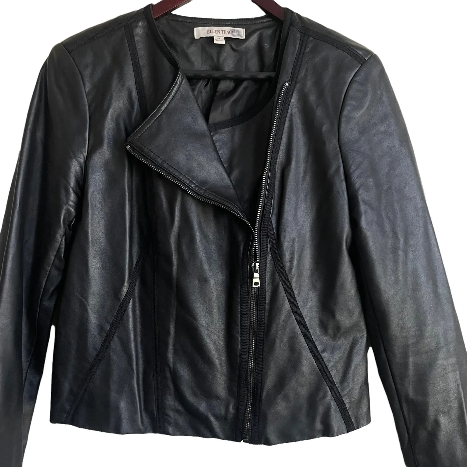 Ellen Tracy Women Faux Leather Moto Biker Jacket M Black Zip Front Classic Style - Image 5