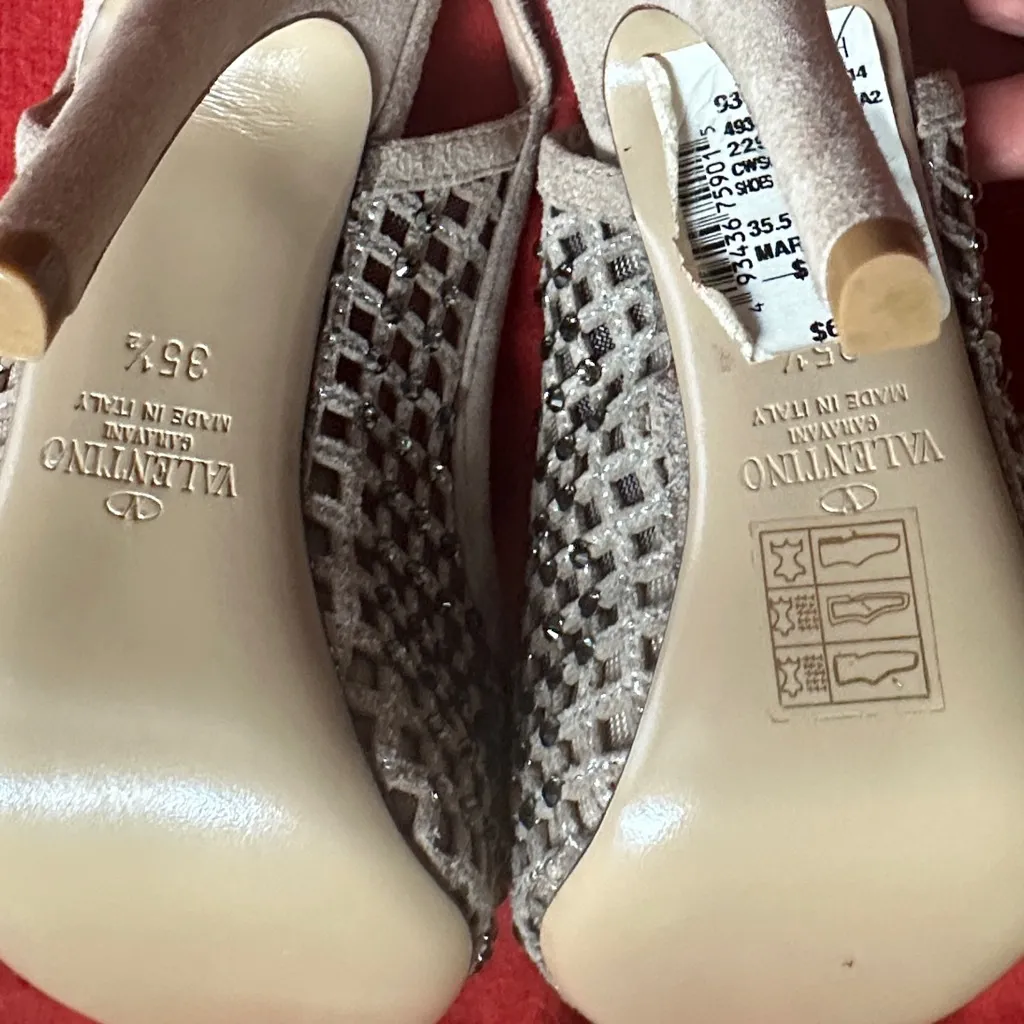 Valentino Beige Crystal Embellished Suede and Mesh Peep Toe Slingback Pumps - Image 5