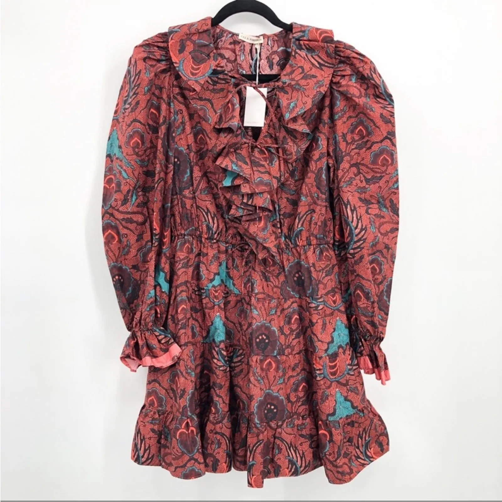 Ulla Johnson Women's Red Caris Carmine Batik Floral Puff Sleeve Mini Dress NEW 6 - Image 2